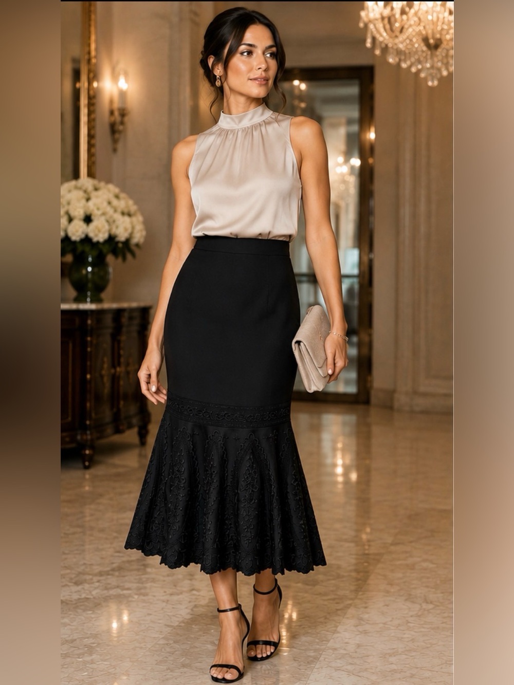 OSCAR by Oscar de la Renta Y2K Black Wool Embroidered Mermaid Trumpet Skirt